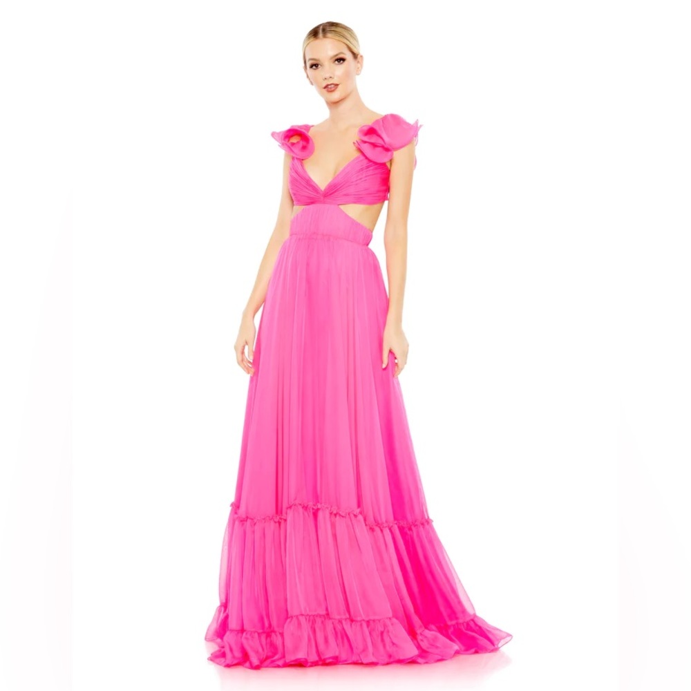 Mac Duggal Ruched Ruffled Shoulder Cut Out Lace Up Gown